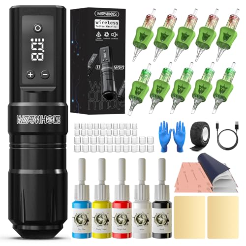 Wireless Tattoo Pen Kit for Beginners - Black - Complete Tattoo Supplies with Ink & Needles