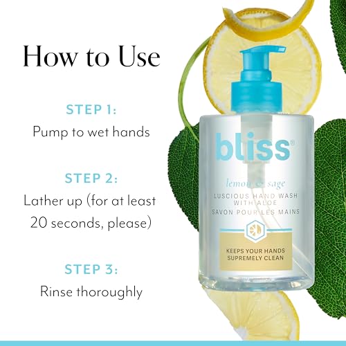 Bliss Lemon & Sage Hydrating Hand Wash 12.14 Oz - Gentle Moisturizing Soap with Aloe & Coconut Oil - Daily Use