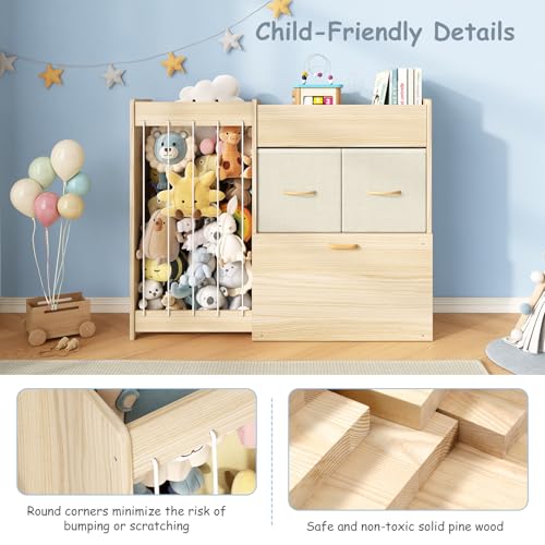 Kids Toy Storage Organizer with Stuffed Animal Shelf - Burlywood Kids Toy Shelf with 2 Drawers & Rolling Chest