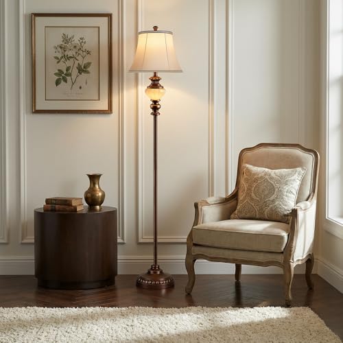 PARTPHONER Brown 65-Inch Vintage Floor Lamp with Nightlight & Fabric Shade