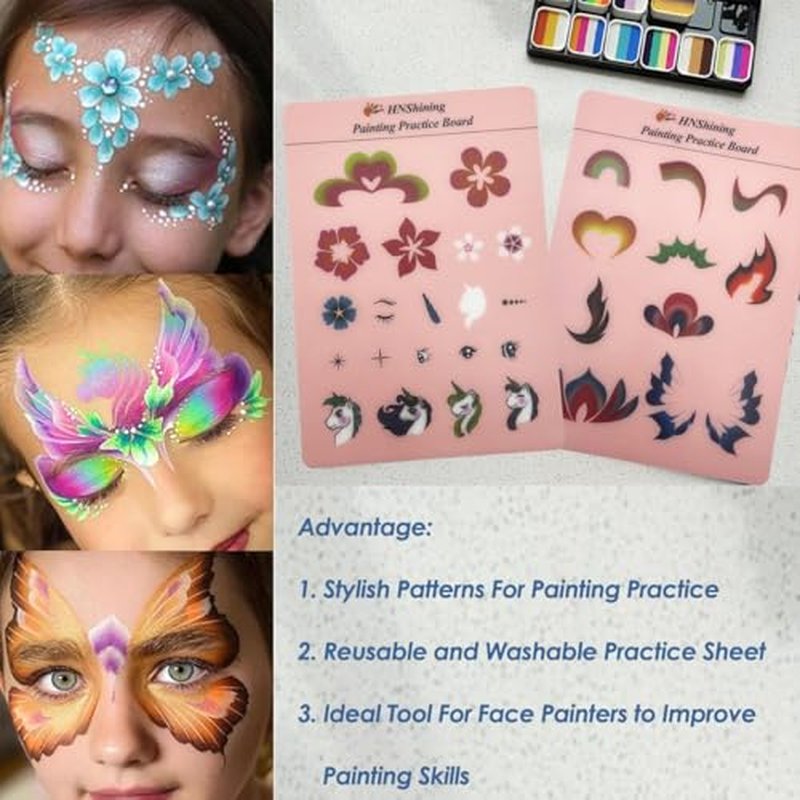 Face and Body Paint Practice Board With Various Patterns - Reusable Exercise Template and Skill Sheet