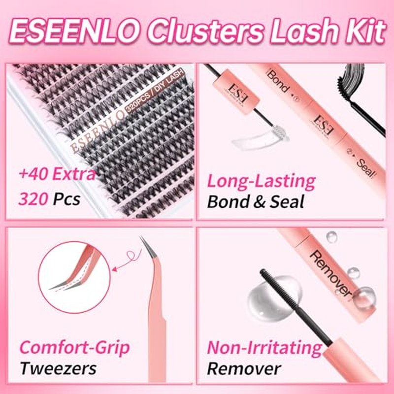 320pcs Lash Clusters 9-16mm 40D 50D Eyelash Extension Kit, Individual Lashes Kit with Bond and Seal, Lash Tweezers