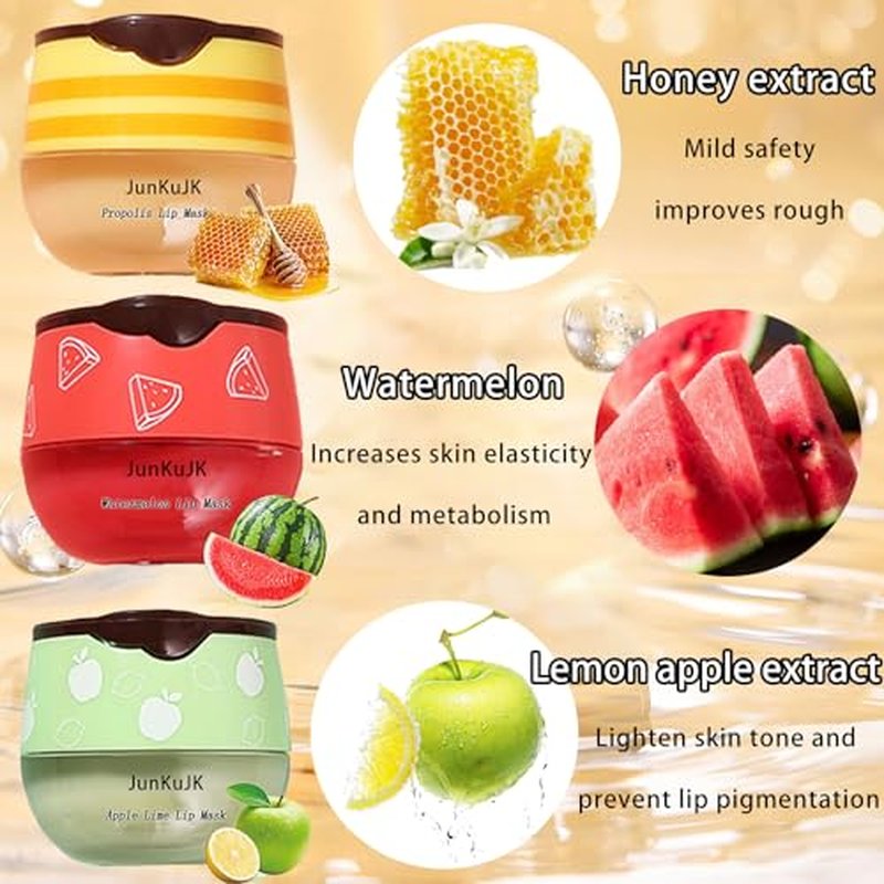 3 Pcs Bee Lip Balm Honey Pot with Stick,Moisturizing Lip Mask Overnight,Day and Night Tinted Sleeping Lip Balm,Hydrating Lip Scrubs Exfoliator & Moisturizer