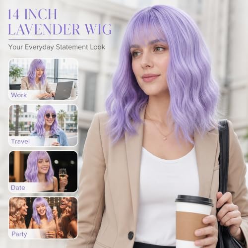 eNilecor Lavender Purple Short Curly Wavy Wig with Air Bangs - 14 Inch Synthetic Bob Hairpiece for Women