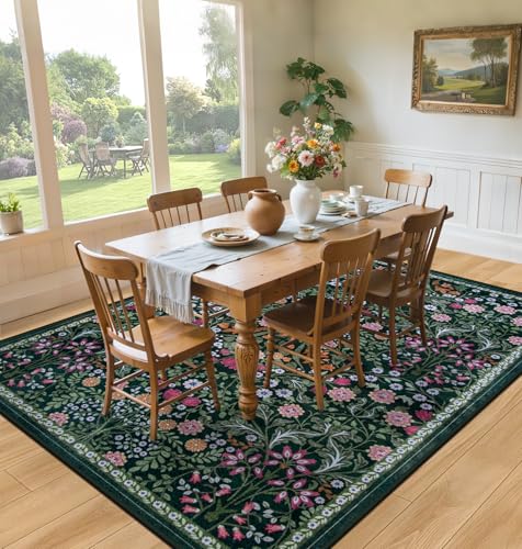 PLHXFR 8x10 Dark Green Floral Washable Area Rug for Living Room & Home