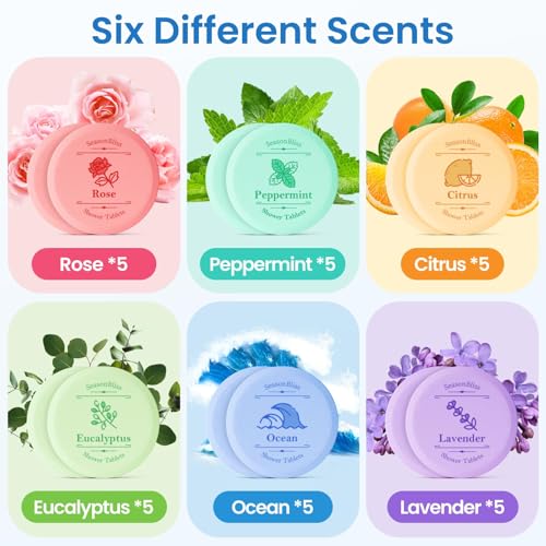 SeasonBliss Shower Steamers Set 30 PCS with 6 Scents - Shower Bombs for Women, Variations Included