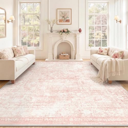 Pink Washable 8x10 Area Rug - Vintage Style Living Room Carpet