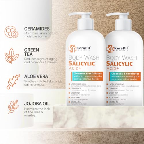 Salicylic Acid Body Wash - Skin Non-drying, Gentle Exfoliates Rough and Bumpy Skin, Body Acne Wash, BHA & AHA - Unscented Exfoliating Body Wash, Made in USA - (16 fl oz x 2)
