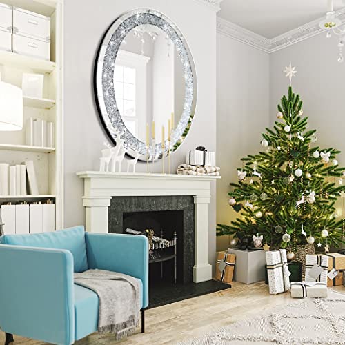 DMDFIRST 32x24 Inch Frameless Oval Crystal Bling Mirror Wall Decor - Silver