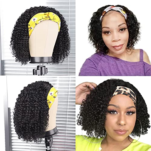 Headband Wig Deep Wave 12 Inch Natural Color, 100% Brazilian Virgin Human Hair, Glueless Non-Lace Deep Curly Wigs, Aiterina
