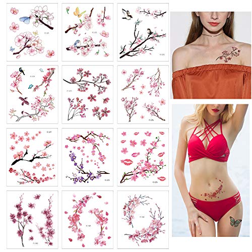 Glaryyears Flower Birds Temporary Tattoos, 12 Sheets Cherry Blossoms Fake Realistic Tattoo Sticker for Women Girls, Sexy Leaf Body Art for Seasons