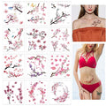 Glaryyears Flower Birds Temporary Tattoos, 12 Sheets Cherry Blossoms Fake Realistic Tattoo Sticker for Women Girls, Sexy Leaf Body Art for Seasons