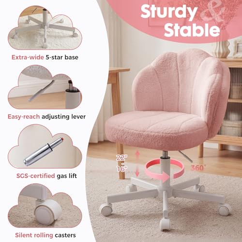 COMHOMA Pink Petal Vanity Chair with Wheels – Adjustable Teddy Fleece Desk Chair