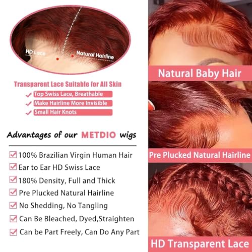 METDIO Reddish Brown 13x6 Lace Front Wigs Human Hair 26 Inch 180% Density