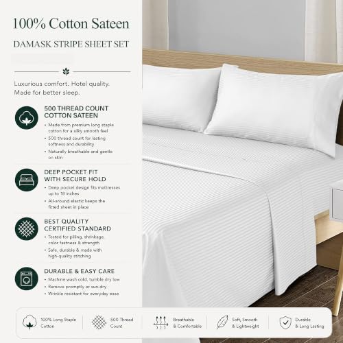 White Stripe King Size Cotton Sateen Bed Sheet Set - 500 TC, 4-Piece