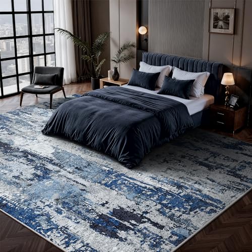 Ocean Blue 8x10 Abstract Modern Washable Rug - Non-Slip Low Pile Living Room Carpet