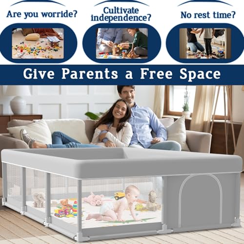 Baby Playpen with Mat 74x50 Inch - Grey, Safety Gate and Activity Fence for Toddlers