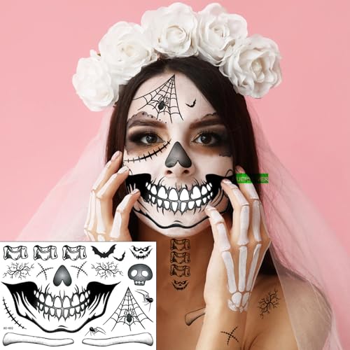 4 Sheets Scary Halloween Face Skull Decals Temporary Tattoos For Men Women Horror Skeleton Mouth Sticker Spider Web Fool's Day Zombie Bat Scar Makeup Kit for Kids Adults(KC4)