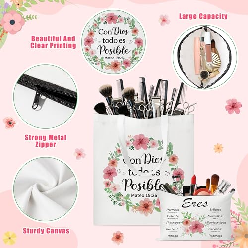 Y1tvei Spanish Christian Gifts For Women - 3Pcs Con Dios Todo Es Posible Spanish Bible Verse Canvas Tote Bag with Keychain Inspirational Christian Religious Makeup Bag Spiritual Catholic baptism Gifts