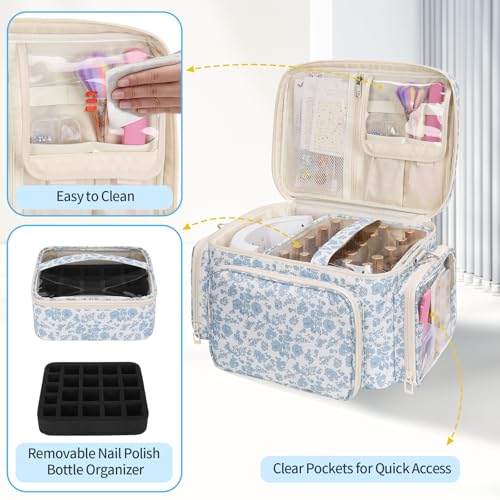 Nail Polish Organizer, Nail Polish Storage Holds 42+ Bottles & Nail Lamp, Portable Travel Nail Kit Storage Carrying Case Fits Nail Suppiles, Gift for Manicurist, Grils - Blue Flower