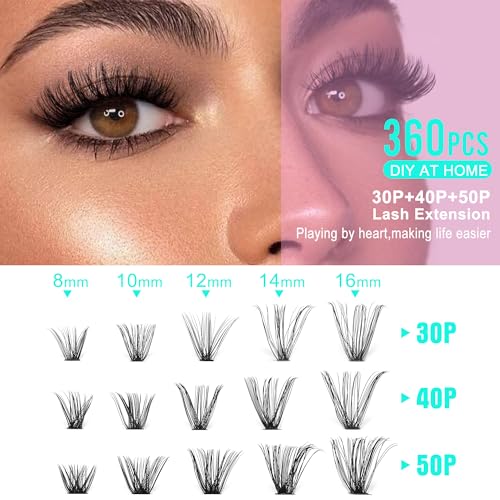 Natural Lash Clusters 8-16MM Wispy Lash Extensions 30D+40D+50D Cluster Eyelash Extensions 360Pcs Wispy Individual Eyelashes by Geeneiya
