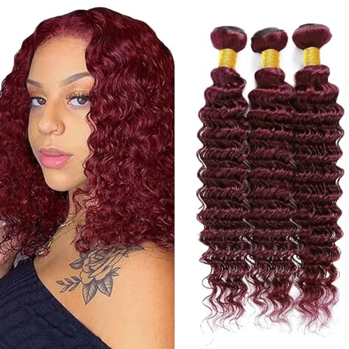 99J Burgundy Deep Wave Human Hair Bundles - 8, 10, 12 Inch, 3 Pack Variation #99j Bug DP (GL) - Unprocessed Brazilian Virgin Hair