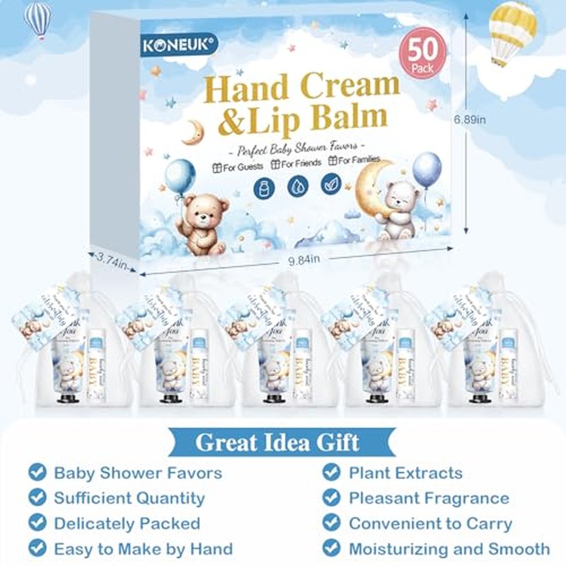 50 Pack Lip Balm and Hand Cream Bulk Gifts Sets, Baby Shower Party Favors and Bridal Shower Favors for Guests with Thank You Card and Organza Gift Bags, Thank You Gifts Bulk, Baby Shower Prizes (Bear)