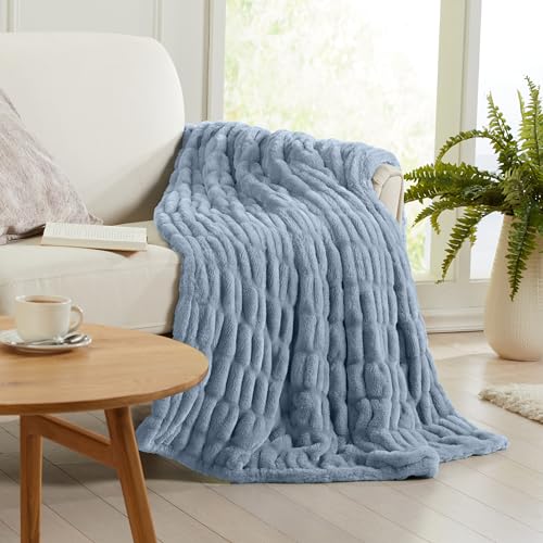 Powder Blue Micro Plush Throw Blanket - Thick Faux Fur, 50x60 Inches