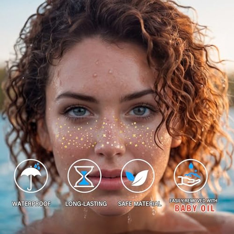 20 Pcs Gold Face Makeup Patches, Glitter Freckles Face Tattoo Gold Makeup, Glitter Freckles, Sparkle Makeup Patches, Waterproof Face Glitter Temporary Tattoos for Women and Girls