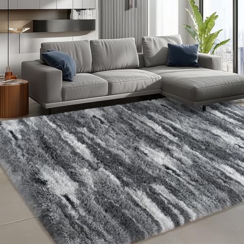 8' x 10' Large Washable Shag Rug - Abstract Grey Modern Area Rug