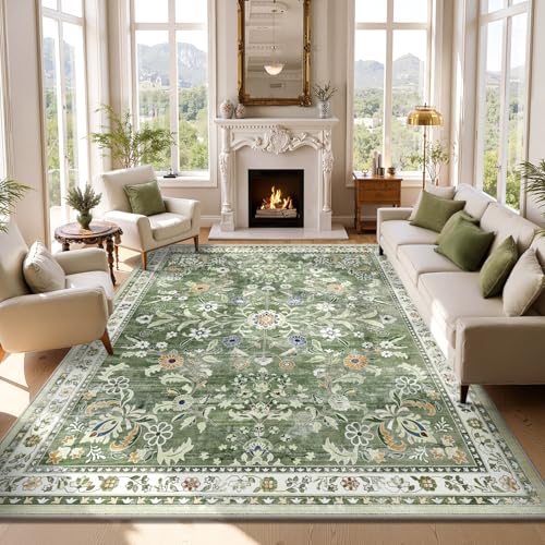 Sage Green Washable Floral Area Rug 8x10 for Living Room - Yamaziot