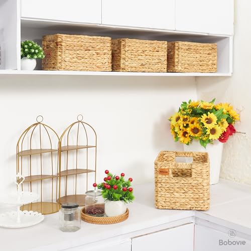Large Wicker Storage Baskets Set of 3 - Water Hyacinth Organizer with Handles, Traditional Pattern