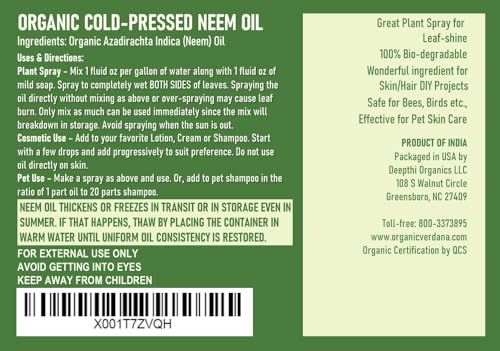 Verdana Organic Neem Oil 1 Gallon - Pure Cold Pressed Unrefined Plant & Skin Care