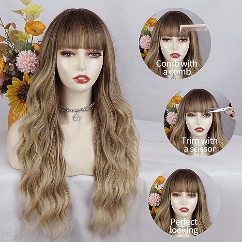 Long Curly Wavy Blonde Wig with Bangs for Women - Dark Blonde Variation