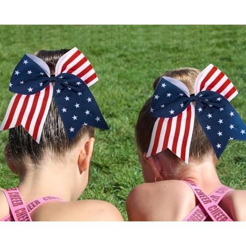 American USA Flag Cheer Bows for Girls,Red White and Blue Patriotic Flag Festival Hair Bow With Elastic Band Hair Accessories (Red 20pcs)