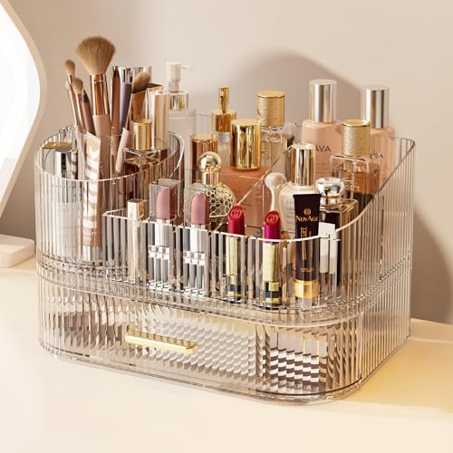 Glowspire Clear 2-Layer 360° Rotating Makeup Organizer with Stackable Drawers