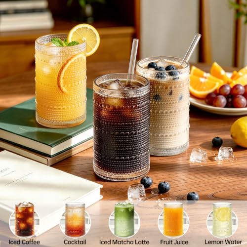 12-Pack Clear 16oz Vintage Hobnail Drinking Glasses Set with Straws - Elegant Home Barware