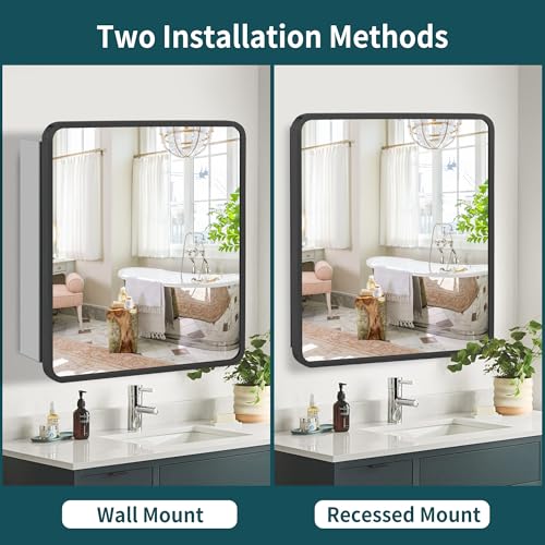Black 24x22 Inch Bathroom Medicine Cabinet with Mirror & Adjustable Shelves