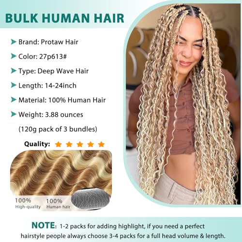Protaw 14 Inch #27p613 Deep Wave Human Braiding Hair 120g Boho Curly Extensions