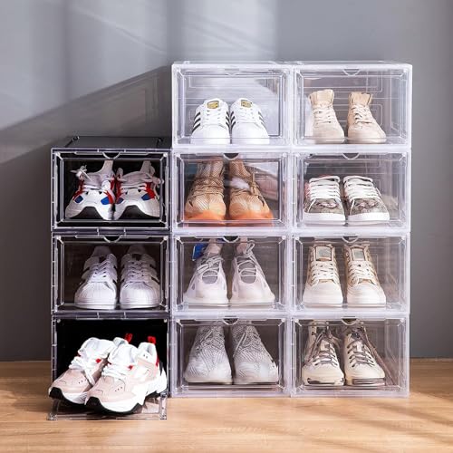 Clear Black Stackable Shoe Storage Boxes - XL 9 Pack with Magnetic Doors
