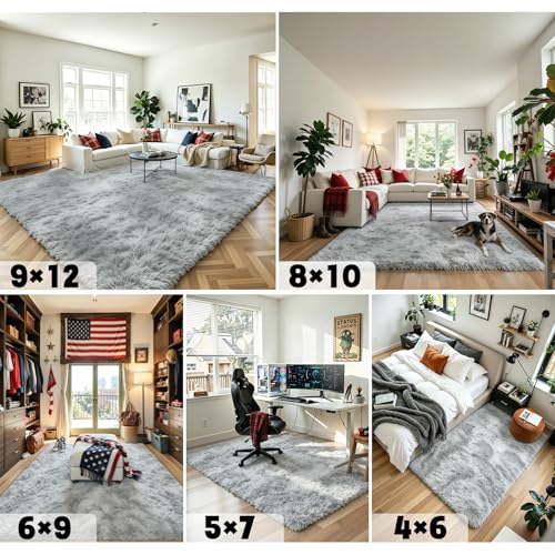 Light Grey Tie-Dyed 8x10 Area Rug - Large Shaggy Carpet for Living Room - Grey Fluffy Rug with Non-Slip Backing