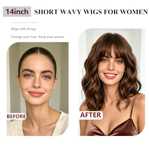 Brown Highlights Blonde Wig with Bangs - 14 Inch Wavy Bob Hair for Women - WAVE&BREEZE