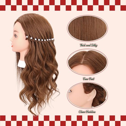 Mannequin Head with Human Hair - 22-24 Inch Dark Brown Cosmetology Manikin for Hairdressing Practice with Clamp & Tools