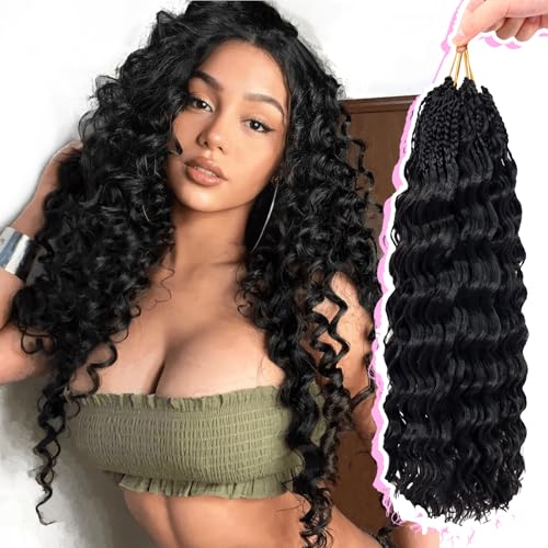 GOWIT 18 Inch Deep Wave Crochet Hair 7 Packs Black Pre-Looped Synthetic Braids