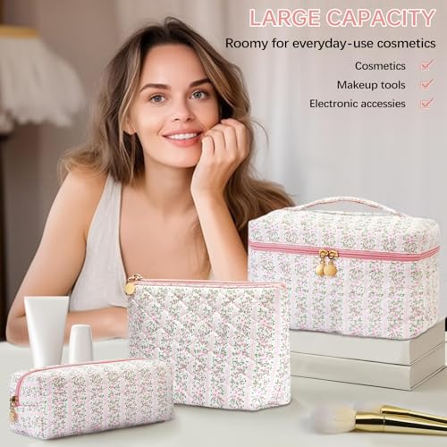 Pink Floral Quilted Makeup Bag Set - 3PCS Cosmetic Travel Organizer for Women & Girls - Variation of Pink Floral