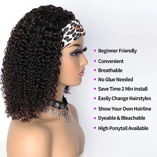 Feelgrace 12 Inch Natural Curly Water Wave Headband Wig Human Hair Glueless Short Kinky Curly Wig for Black Women