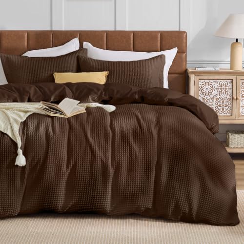 Queen Size Waffle Wave Duvet Cover Set with Pillow Shams - Dark Brown, 3-Piece, OEKO-TEX Certified