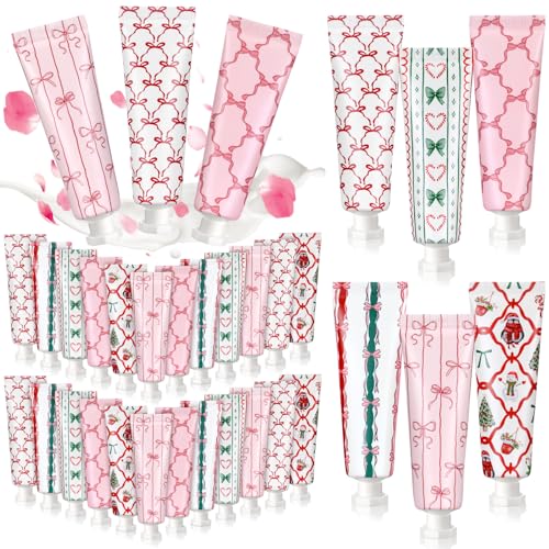 24 Pcs Pink Bow Christmas Hand Cream Gifts Bulk for Women - Moisturizing Hand Care Set with 6 Designs, 30ml Travel Size