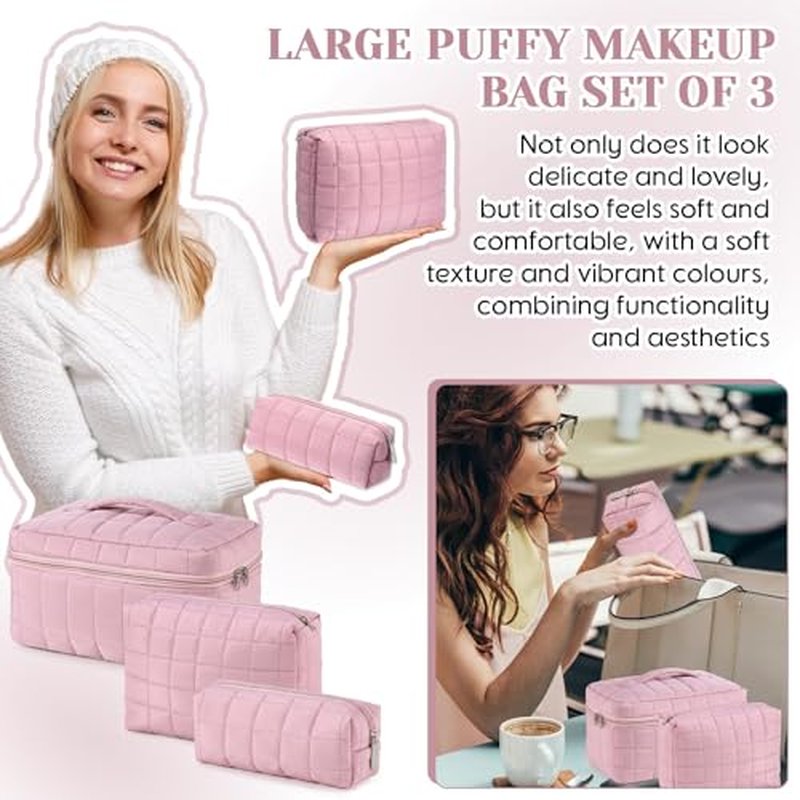 3 Pcs Large Puffy Makeup Bag Set Quilted Cosmetic Pouch for Women Cute Checkered Travel Toiletry Bag Puffer Makeup Organizer Purse Pouch Preppy Pencil Case with Zipper Valentine Gift(Pink)