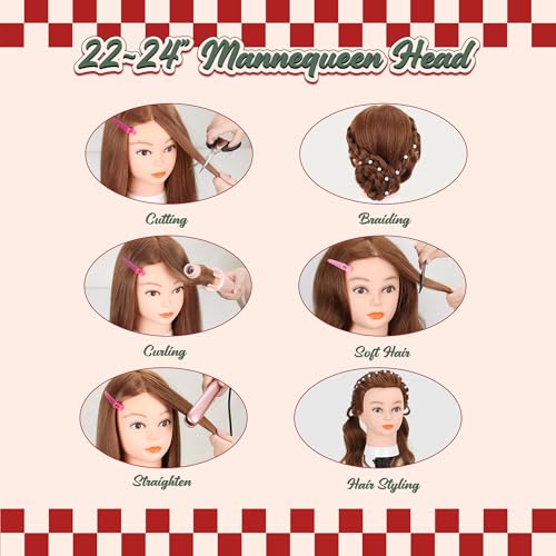 Mannequin Head with Human Hair - 22-24 Inch Dark Brown Cosmetology Manikin for Hairdressing Practice with Clamp & Tools